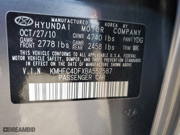 2011 Hyundai Azera Limited with VIN KMHFC4DFXBA552587, listed as a Copart auction lot 82051744 with 78,478 mi miles and Non Repairable. Bid and sale history available at carsss.com. Image 12.