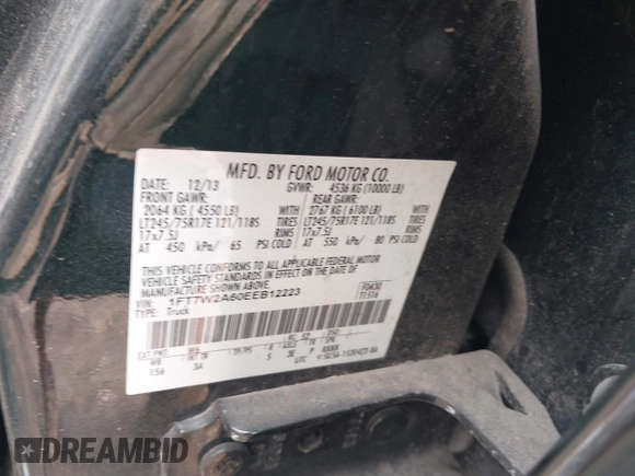2014 Ford F-250 XL with VIN 1FT7W2A60EEB12223, listed as a IAAI auction lot 41809927 with 99,534 mi miles and . Bid and sale history available at DreamBid. Image 9.