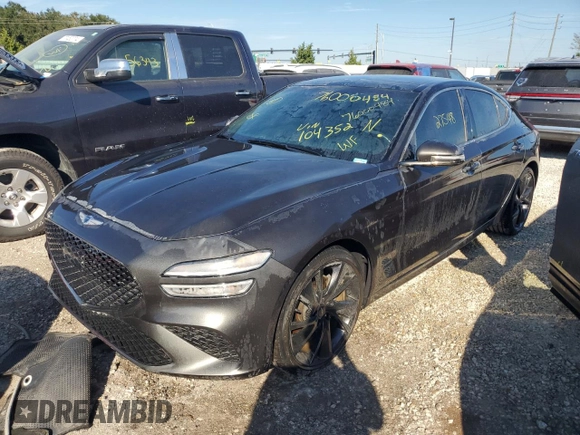 2023 Genesis G70 2.0T with VIN KMTG34TA4PU104352, listed as a Copart auction lot 76000484 with 27,548 mi miles and Salvage Title. Bid and sale history available at DreamBid. Image 1.