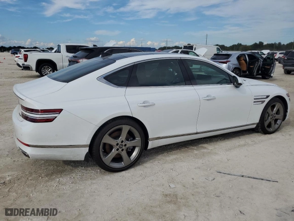 2021 Genesis G80 3.5T Prestige with VIN KMTGC4SD2MU048418, listed as a Copart auction lot 73874014 with 0 mi miles and Salvage Title. Bid and sale history available at carsss.com. Image 3.