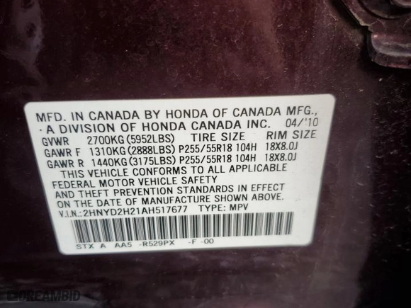 2010 Acura MDX with VIN 2HNYD2H21AH517677, listed as a Copart auction lot 83478934 with 188,854 mi miles and Salvage Title. Bid and sale history available at carsss.com. Image 14.