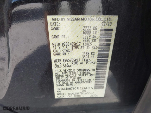 2011 Nissan Pathfinder SV with VIN 5N1AR1NN7BC610415, listed as a IAAI auction lot 41931099 with 183,765 mi miles. Bid and sale history available at carsss.com. Image 9.