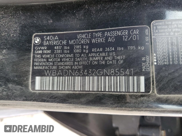 2002 BMW 5 Series 540iA with VIN WBADN63432GN85541, listed as a Copart auction lot 53723715 with 0 mi miles and Salvage Title. Bid and sale history available at carsss.com. Image 12.