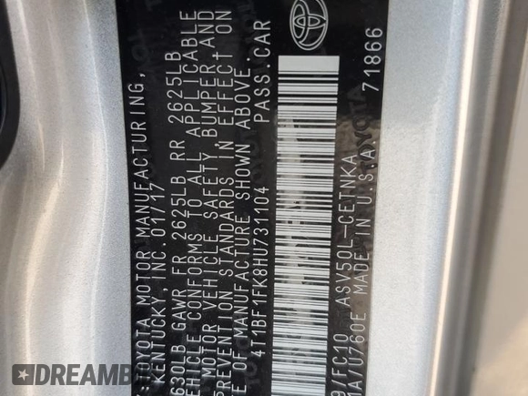 2017 Toyota Camry XLE с VIN 4T1BF1FK8HU731104, выставлен на аукционе Copart как лот 56886605 с пробегом 109 742 миль миль и Списание • Salvage title. История ставок и продаж доступна на DreamBid. Изображение 12.