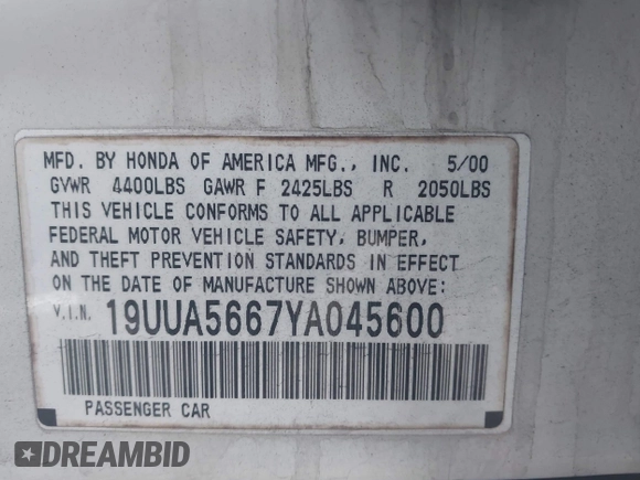 2000 Acura TL with VIN 19UUA5667YA045600, listed as a IAAI auction lot 41925306 with 188,185 mi miles. Bid and sale history available at carsss.com. Image 9.
