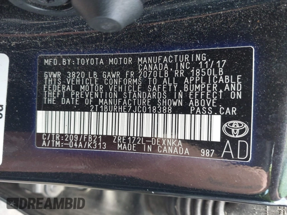 2018 Toyota Corolla L with VIN 2T1BURHE7JC018388, listed as a IAAI auction lot 42102862 with 111,882 mi miles and . Bid and sale history available at DreamBid. Image 9.