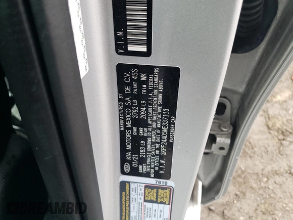 2021 Kia Forte LXS with VIN 3KPF24AD5ME337113, listed as a Copart auction lot 46747595 with 43,552 mi miles and Salvage Title. Bid and sale history available at DreamBid. Image 14.