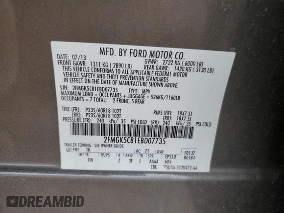 2014 Ford Flex SEL z VIN 2FMGK5C81EBD07735, wystawiony jako Copart lot #54910655 z przebiegiem 197 954 mil mil oraz Szkody całkowita. Historia ofert i sprzedaży dostępna na DreamBid. Obrazek 12.