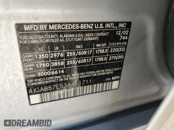 2003 Mercedes-Benz M 350 with VIN 4JGAB57E53A411711, listed as a Copart auction lot 85751154 with 114,483 mi miles and Salvage Title. Bid and sale history available at DreamBid. Image 14.