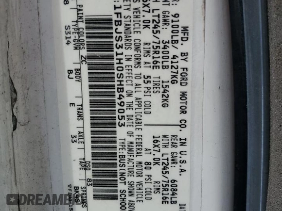 1995 Ford Econoline Wagon XL z VIN 1FBJS31H0SHB49053, wystawiony jako Copart lot #44952525 z przebiegiem Nie podano mil oraz Szkoda całkowita • Salvage title. Historia ofert i sprzedaży dostępna na DreamBid. Obrazek 14.