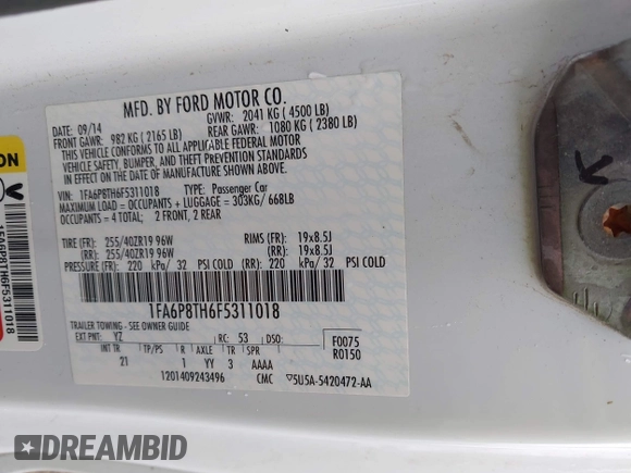 2015 Ford Mustang EcoBoost with VIN 1FA6P8TH6F5311018, listed as a IAAI auction lot 42649308 with 105,527 mi miles and . Bid and sale history available at DreamBid. Image 9.