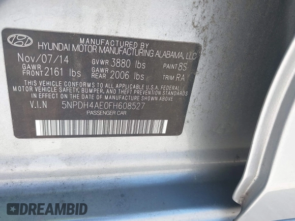 2015 Hyundai Elantra SE with VIN 5NPDH4AE0FH608527, listed as a IAAI auction lot 42684260 with 119,751 mi miles and . Bid and sale history available at DreamBid. Image 9.