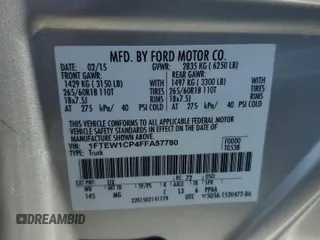 2015 Ford F-150 XL with VIN 1FTEW1CP4FFA57780, listed as a Copart auction lot 64268785 with 160,714 mi miles and Salvage title. Bid and sale history available at DreamBid. Image 12.