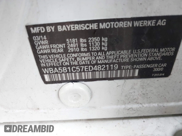 2014 BMW 5 Series 535i with VIN WBA5B1C57ED482119, listed as a IAAI auction lot 41554718 with 188,677 mi miles and . Bid and sale history available at DreamBid. Image 9.