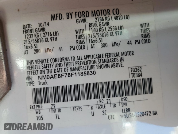 2015 Ford Transit Connect XLT with VIN NM0AE8F78F1185830, listed as a Copart auction lot 70062174 with 72,658 mi miles and Salvage title. Bid and sale history available at DreamBid. Image 14.