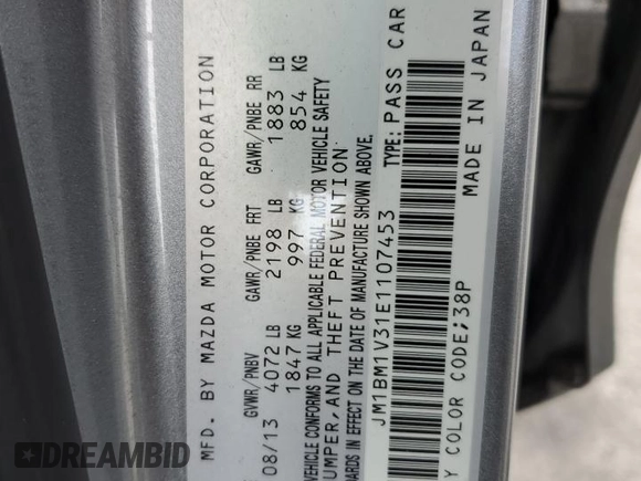 2014 Mazda 3 S Touring with VIN JM1BM1V31E1107453, listed as a Copart auction lot 48769215 with 145,346 mi miles and Salvage Title. Bid and sale history available at DreamBid. Image 12.