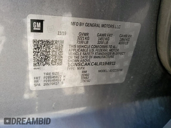 2020 Chevrolet Tahoe LS with VIN 1GNSCAKC4LR194911, listed as a Copart auction lot 83041644 with 118,716 mi miles and Salvage title. Bid and sale history available at DreamBid. Image 16.