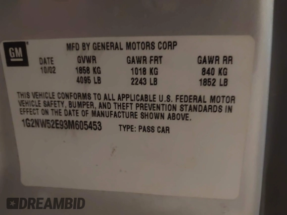 2003 Pontiac Grand Am GT with VIN 1G2NW52E93M605453, listed as a IAAI auction lot 41546839 with 202,918 mi miles. Bid and sale history available at carsss.com. Image 9.