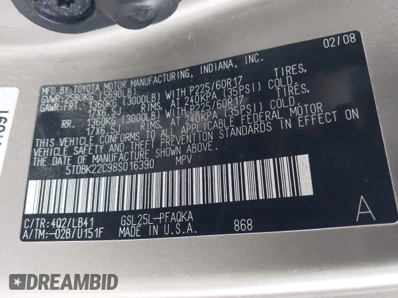 2008 Toyota Sienna XLE with VIN 5TDBK22C98S016390, listed as a IAAI auction lot 41971028 with 195,194 mi miles and . Bid and sale history available at DreamBid. Image 9.