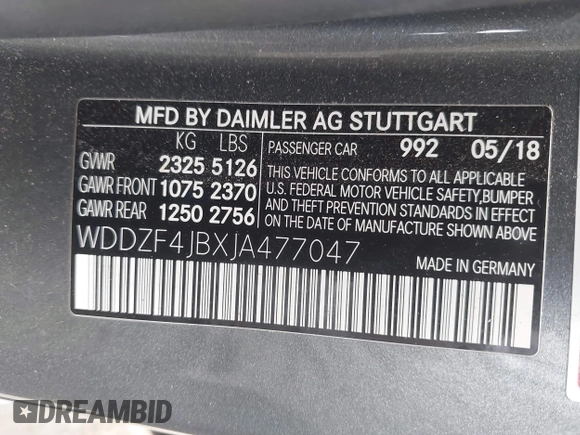 2018 Mercedes-Benz E 300 with VIN WDDZF4JBXJA477047, listed as a IAAI auction lot 42075763 with 62,843 mi miles and . Bid and sale history available at DreamBid. Image 9.
