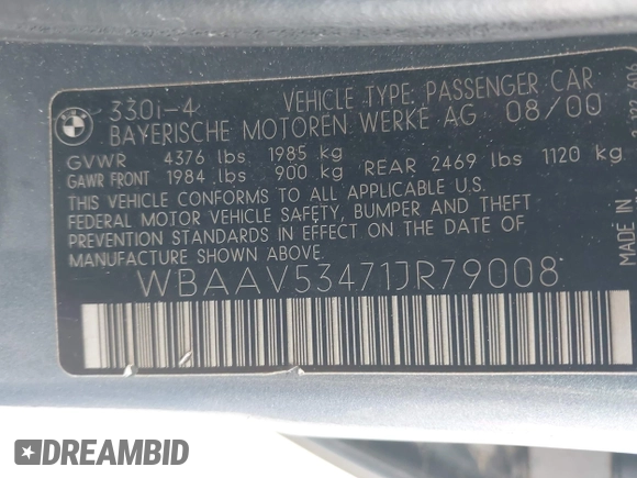 2001 BMW 3 Series 330i with VIN WBAAV53471JR79008, listed as a IAAI auction lot 42165063 with 215,409 mi miles and . Bid and sale history available at carsss.com. Image 9.