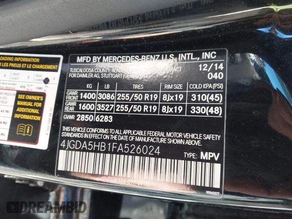 2015 Mercedes-Benz M 350 with VIN 4JGDA5HB1FA526024, listed as a IAAI auction lot 41888298 with 90,188 mi miles and . Bid and sale history available at carsss.com. Image 9.