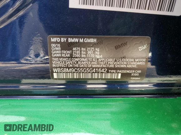2016 BMW M3 with VIN WBS8M9C55G5G41642, listed as a Copart auction lot 58733145 with 85,075 mi miles and Salvage title. Bid and sale history available at DreamBid. Image 12.