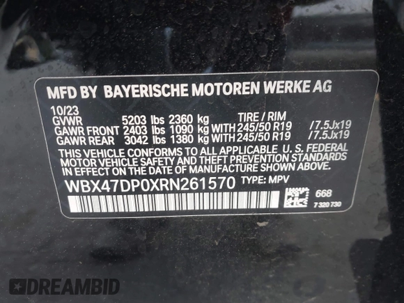 2024 BMW X3 sDrive30i with VIN WBX47DP0XRN261570, listed as a IAAI auction lot 41414992 with 15,146 mi miles and . Bid and sale history available at DreamBid. Image 9.