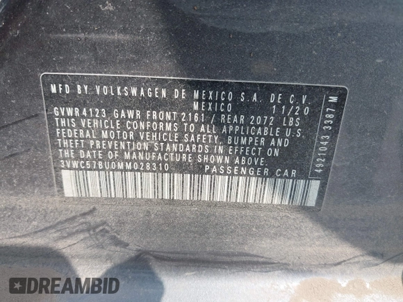 2021 Volkswagen Jetta S z VIN 3VWC57BU0MM028310, wystawiony jako IAAI lot #41938979 z przebiegiem 61 056 mil mil oraz . Historia ofert i sprzedaży dostępna na DreamBid. Obrazek 9.