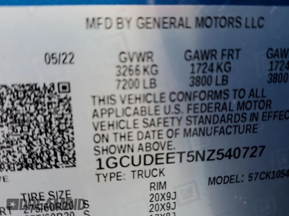 2022 Chevrolet Silverado 1500 RST with VIN 1GCUDEET5NZ540727, listed as a Copart auction lot 67446294 with Not Provided miles and Salvage Title. Bid and sale history available at DreamBid. Image 12.