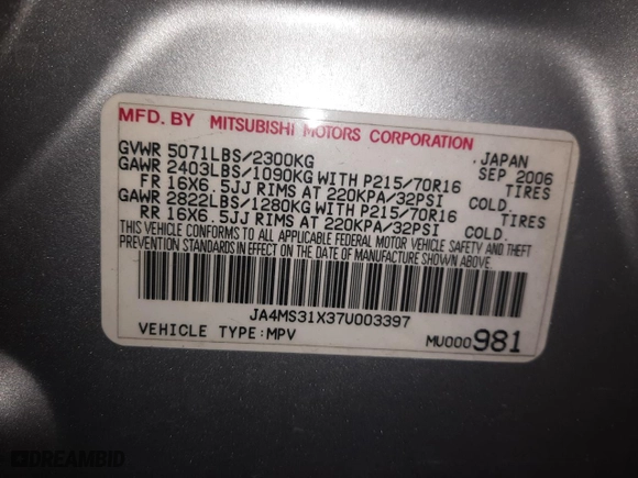 2007 Mitsubishi Outlander ES with VIN JA4MS31X37U003397, listed as a Copart auction lot 87332784 with 212,500 mi miles and Salvage Title. Bid and sale history available at carsss.com. Image 13.