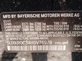 2017 BMW X5 xDrive35i with VIN 5UXKR0C34H0V76978, listed as a IAAI auction lot 41629614 with 1 mi miles. Bid and sale history available at carsss.com. Image 9.