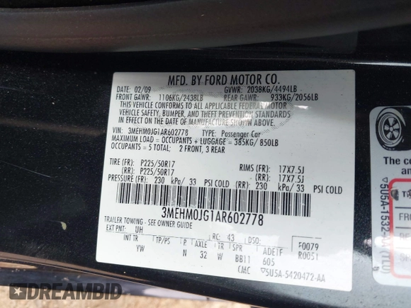 2010 Mercury Milan Premier with VIN 3MEHM0JG1AR602778, listed as a IAAI auction lot 42199080 with 163,158 mi miles and . Bid and sale history available at DreamBid. Image 9.