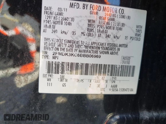 2011 Ford Edge Limited with VIN 2FMDK3KC6BBB06969, listed as a Copart auction lot 52068215 with 241,073 mi miles and Salvage Title. Bid and sale history available at carsss.com. Image 12.