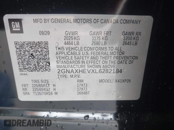 2020 Chevrolet Equinox LS with VIN 2GNAXHEVXL6282184, listed as a IAAI auction lot 42102233 with 56,968 mi miles and . Bid and sale history available at DreamBid. Image 9.