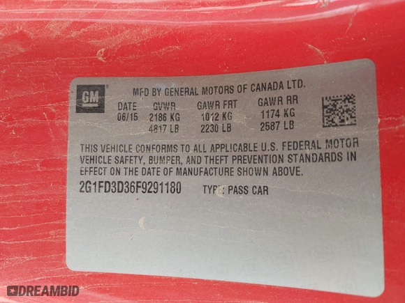 2015 Chevrolet Camaro LT with VIN 2G1FD3D36F9291180, listed as a IAAI auction lot 41675927 with 128,006 mi miles. Bid and sale history available at carsss.com. Image 9.