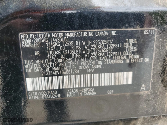 2011 Toyota RAV4 with VIN 2T3ZF4DV4BW084289, listed as a Copart auction lot 51017455 with 50,103 mi miles and Salvage Title. Bid and sale history available at carsss.com. Image 12.