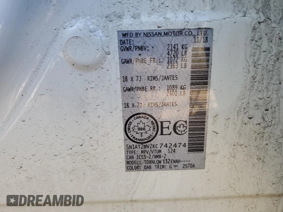 2019 Nissan Rogue SL with VIN 5N1AT2MV2KC742474, listed as a Copart auction lot 51065215 with 161,975 mi miles and Salvage Title. Bid and sale history available at carsss.com. Image 14.