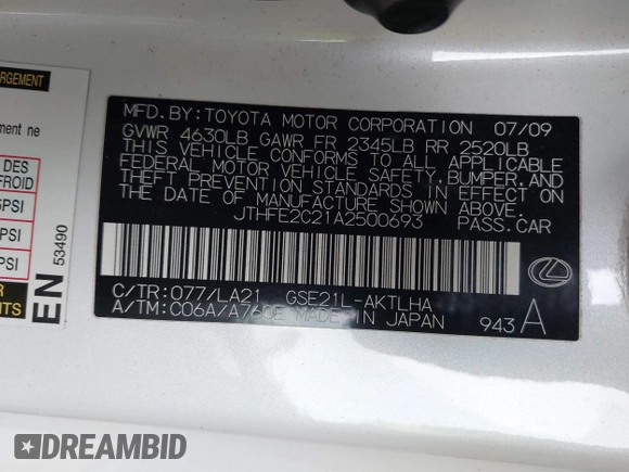 2010 Lexus IS with VIN JTHFE2C21A2500693, listed as a IAAI auction lot 41331609 with 84,274 mi miles. Bid and sale history available at carsss.com. Image 9.
