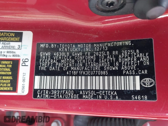 2014 Toyota Camry L with VIN 4T1BF1FK3EU770985, listed as a IAAI auction lot 41896125 with 146,100 mi miles. Bid and sale history available at carsss.com. Image 9.