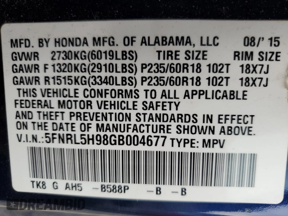 2016 Honda Odyssey Touring Elite with VIN 5FNRL5H98GB004677, listed as a Copart auction lot 59982165 with 119,341 mi miles and Clean title. Bid and sale history available at DreamBid. Image 13.
