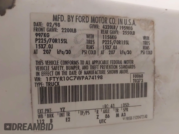 1998 Ford Ranger XL с VIN 1FTYR10C7WPA74198, выставлен на аукционе IAAI как лот 42083824 с пробегом 189 455 миль миль и . История ставок и продаж доступна на DreamBid. Изображение 9.