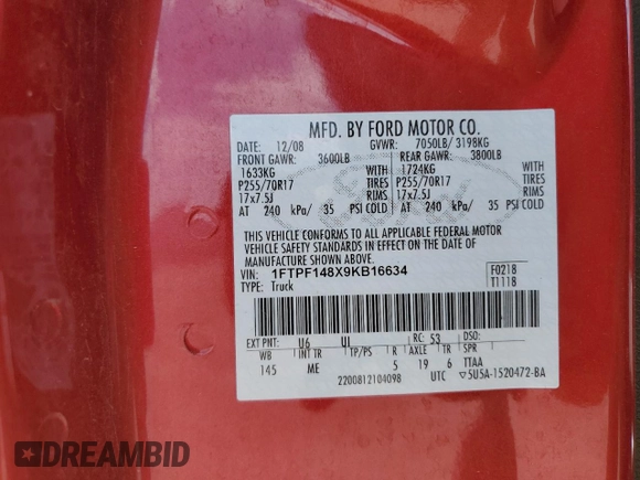2009 Ford F-150 z VIN 1FTPF148X9KB16634, wystawiony jako Copart lot #57027435 z przebiegiem 97 097 mil mil oraz Czysty tytuł • Clean title. Historia ofert i sprzedaży dostępna na DreamBid. Obrazek 12.