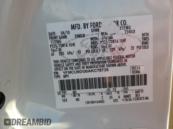 2010 Ford Escape XLT с VIN 1FMCU9DG0AKC78735, выставлен на аукционе Copart как лот 58376425 с пробегом 213 183 миль миль и Списание • Salvage title. История ставок и продаж доступна на DreamBid. Изображение 13.