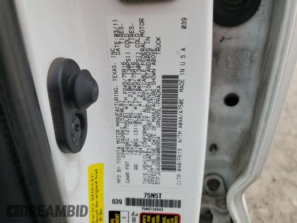 2011 Toyota Tacoma PreRunner with VIN 5TFJU4GN9BX009954, listed as a Copart auction lot 55269565 with 313,589 mi miles and Salvage Title. Bid and sale history available at DreamBid. Image 13.