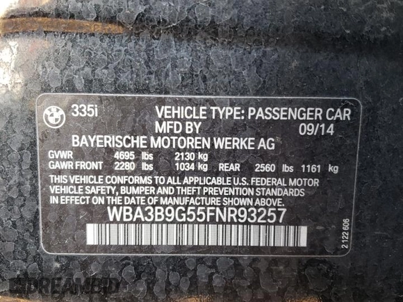 2015 BMW 3 Series 335i xDrive with VIN WBA3B9G55FNR93257, listed as a Copart auction lot 78356114 with Not Provided miles and Salvage Title. Bid and sale history available at carsss.com. Image 12.