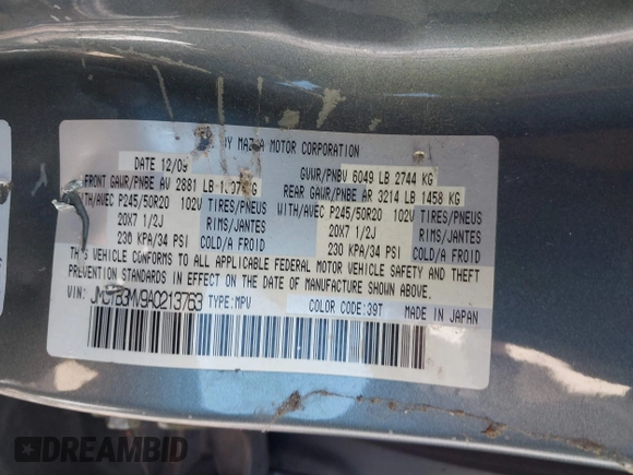 2010 Mazda CX-9 Touring with VIN JM3TB3MV9A0213763, listed as a IAAI auction lot 41086832 with Not Provided miles and . Bid and sale history available at carsss.com. Image 9.