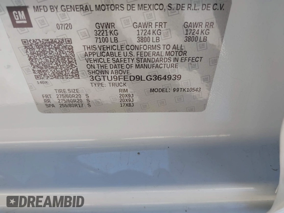 2020 GMC Sierra 1500 Denali с VIN 3GTU9FED9LG364939, выставлен на аукционе IAAI как лот 41744143 с пробегом 100 819 миль миль и . История ставок и продаж доступна на DreamBid. Изображение 9.