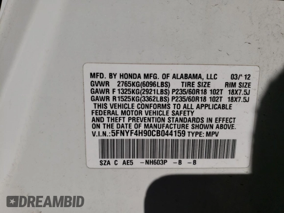 2012 Honda Pilot Touring with VIN 5FNYF4H90CB044159, listed as a Copart auction lot 47994455 with 164,578 mi miles and Salvage Title. Bid and sale history available at DreamBid. Image 14.