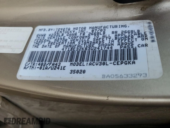 2003 Toyota Camry LE with VIN 4T1BE32K83U241744, listed as a Copart auction lot 55866025 with 200,685 mi miles and Salvage Title. Bid and sale history available at DreamBid. Image 12.